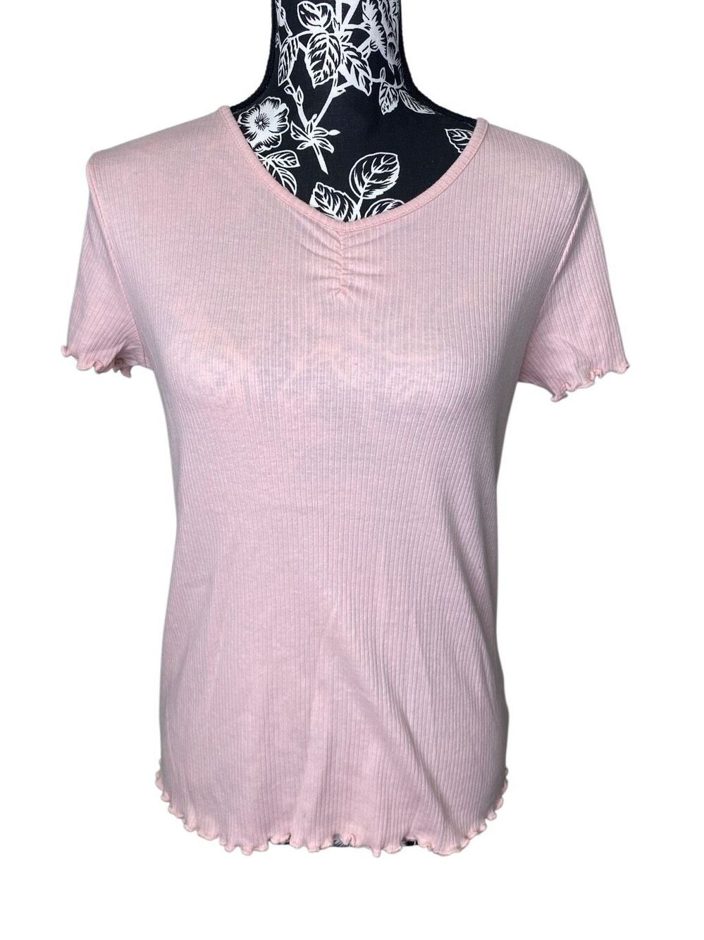 Art Class Girls Ribbed T Shirt Lettuce Hem Ruched V Neck Short Sleeve Casual Top